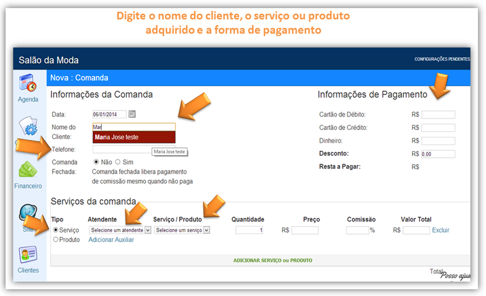 Preencher nova comanda